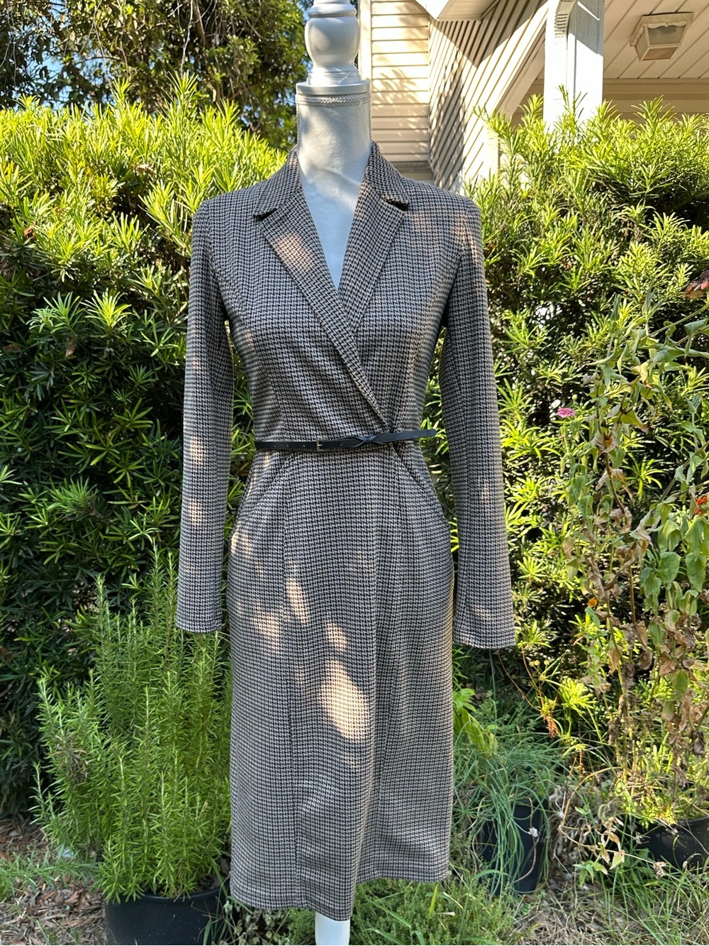 Max Studio Black and Brown Houndstooth Wrap Pea Dress